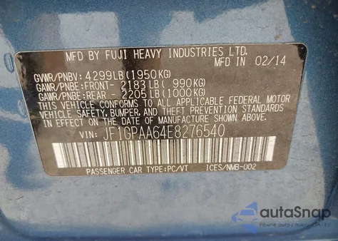 2014 Subaru Impreza 2.0I из США, поврежденный, VIN JF1GPAA64E8276540